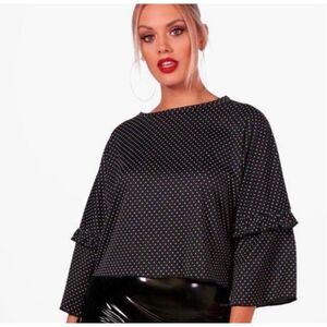 NEW Boohoo Women Black White Polka Dot Ruffle Blouse Office Retro Chic